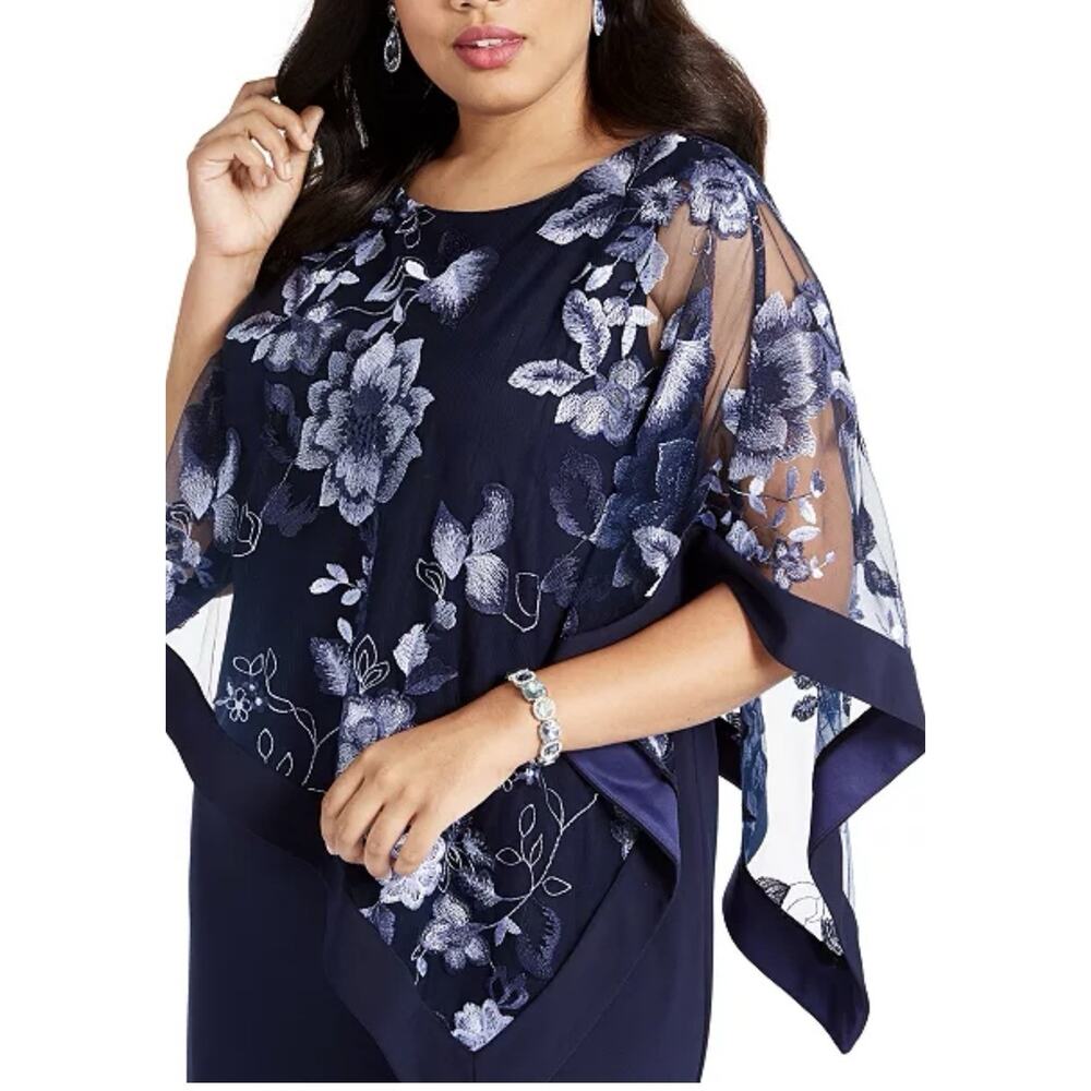 R & M Richards Plus Embroidered Cape Dress Size 20 Blue USA Made Floral NWT